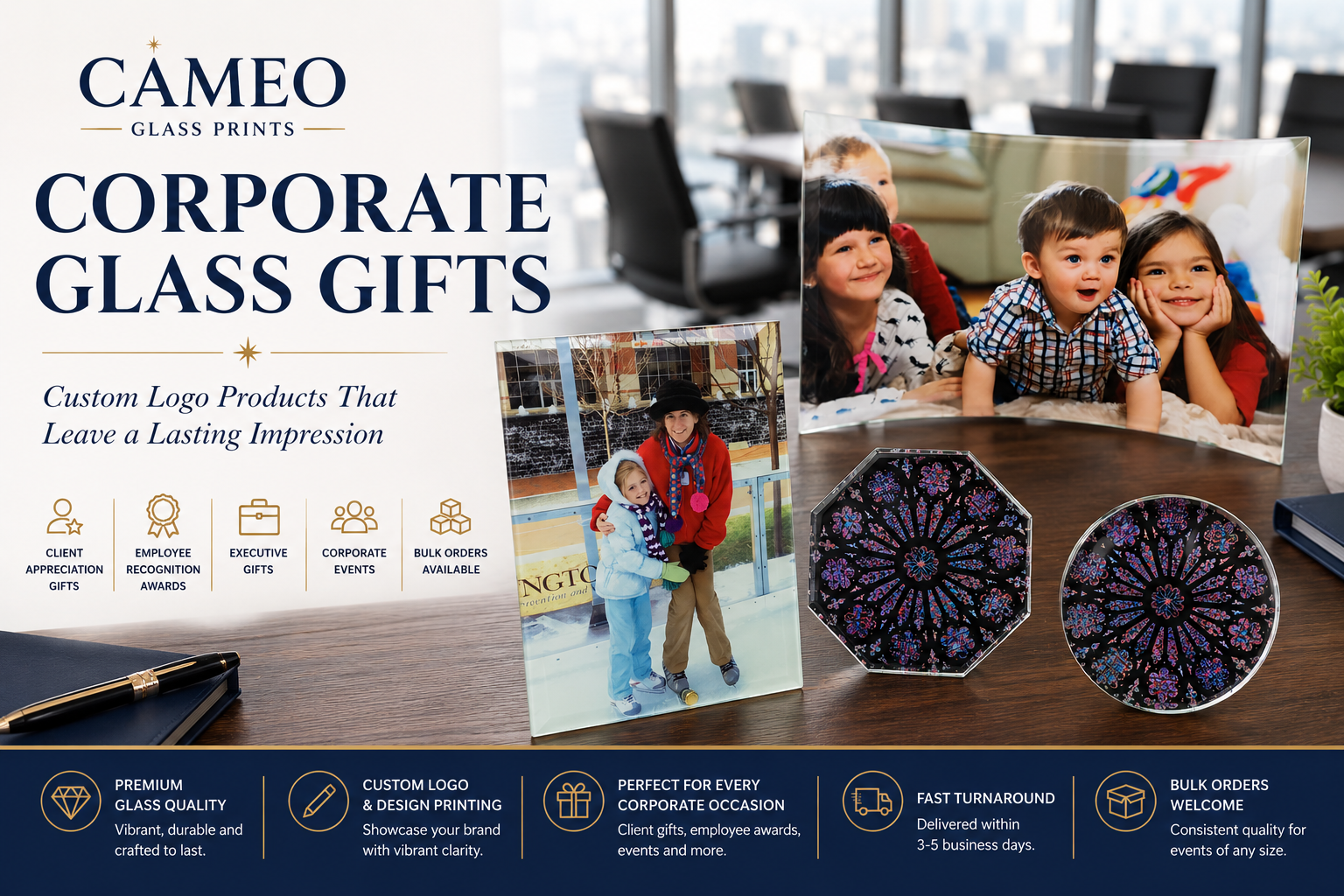 Custom corporate glass gifts with company logo by Cameo Glass