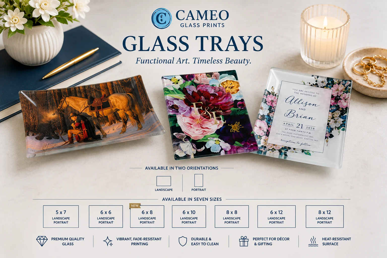 Personalized glass photo tray with custom printed image by Cameo Glass