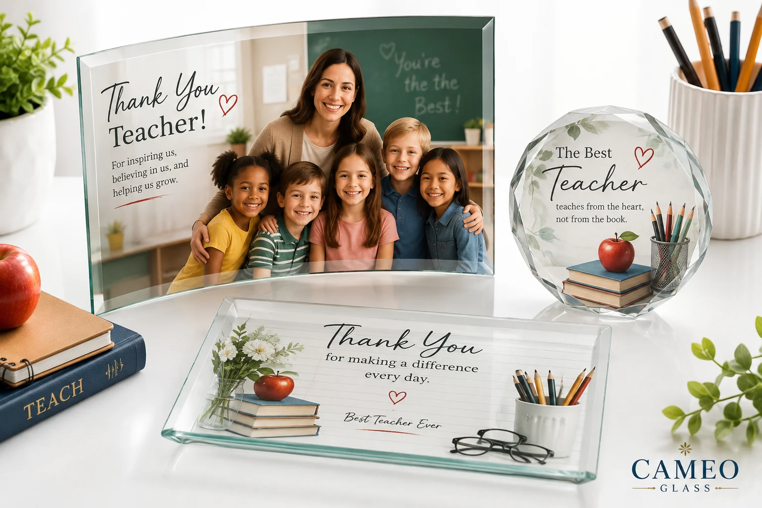 Personalized glass teacher gift with custom photo by Cameo Glass